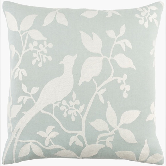 Mint Green / Aqua Cotton Decorative Throw Pillow w Embroidered Bird Design 18” - Picture 1 of 8